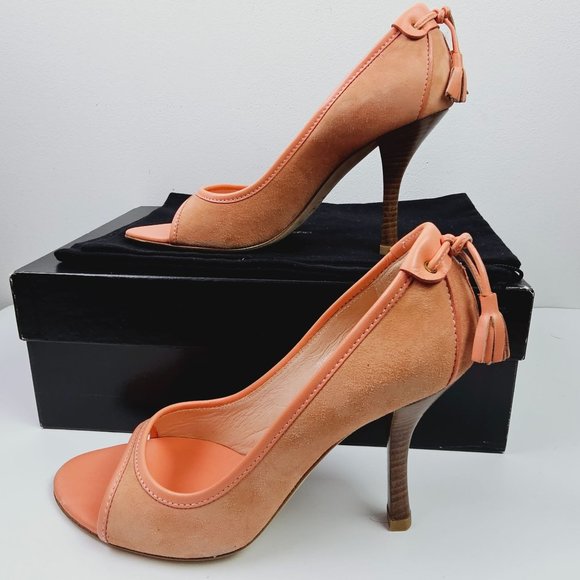 Giuseppe Zanotti Design TAK 90 Sandolo Peach Peep Toe Suede 4" Heels, 6B - Picture 3 of 11
